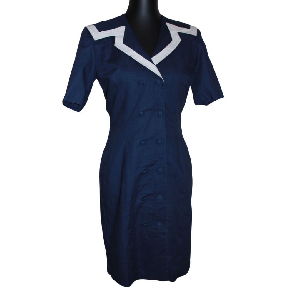 Vintage Laura Ashley Navy Sailor Nautical Linen Cotton Midi Dress US 8